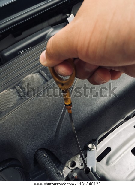 An\
auto mechanic checks the oil level in a car\
engine