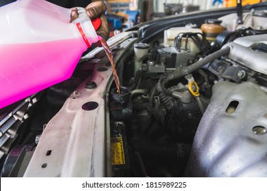 Auto Mechanic Filling Pre-mixed Super Long Life Coolant Fluid In Car Radiator Fill Hole.