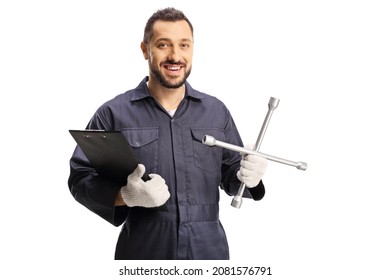 Auto Mechanic Holding A Clipboard And A Lug Wrench Isolated On White Background