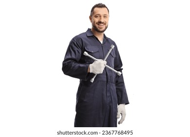 Auto mechanic holding a lug wrench isolated on white background - Powered by Shutterstock