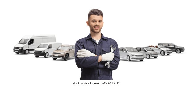 Auto mechanic holding a wrench and posing in front of vehicles isolated on white background - Powered by Shutterstock