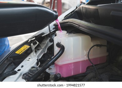 Auto Mechanic Pouring Pre-mixed Long Life Coolant Fluid In Coolant Reservoir Tank.