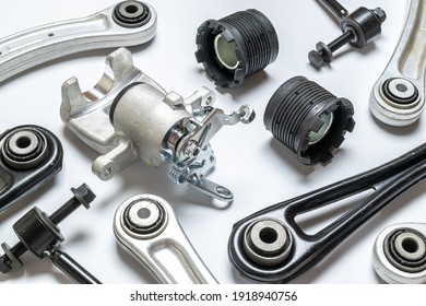 Auto Mechanic. Set Of New Metal Car Part. Auto Motor Mechanic Spare Or Automotive Piece Isolated On White Background. Automobile Engine Service