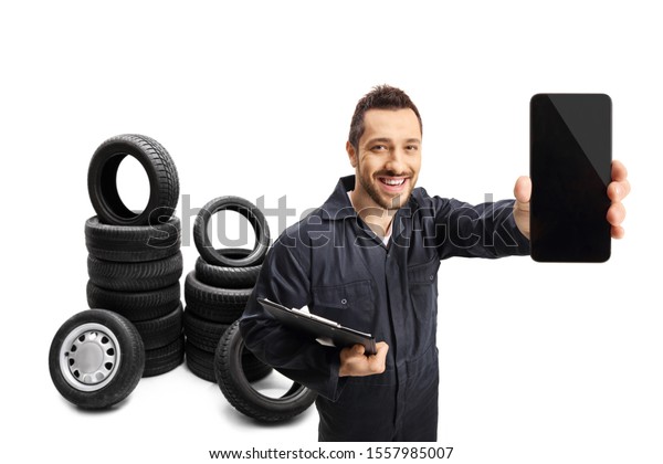 Auto Mechanic Showing Mobile Phone Car Stock Photo (Edit Now) 1557985007