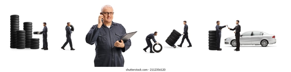 Auto mechanic with a smartphone and other men working with tires behind isolated on white background - Shutterstock ID 2112356120