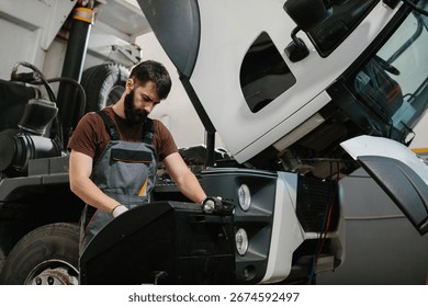 Auto mechanic using a diagnostic tool, carefully examining a truck engine in a garage workshop, focused on troubleshooting and repairs
