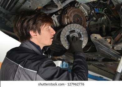  Auto Mechanic Working Under The Car And Changing Clutch At Car Repair Shop