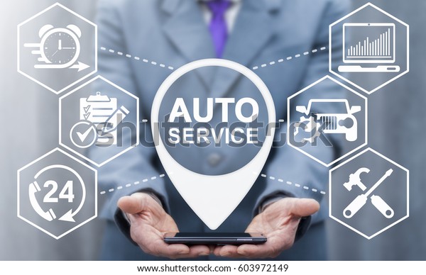 Auto repair service. Center tuning car. Man\
offers smartphone with location automobile services icon on virtual\
screen. Technical repairs car. Vehicle technics maintenance. Fix\
malfunctions transport.