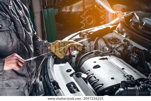 Auto Repair Shop or Auto\
Service. Checking the engine oil level. Scheduled vehicle\
inspection.