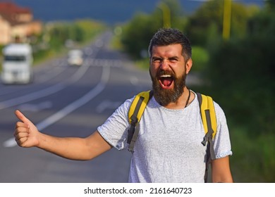 Auto Stop Travel. Hipster Try To Stop Car And Thumb Up Gesture. Man With Cheerful Face And Beard Travelling By Hitchhiking With Road On Background. Travelling And Hitch Hiking Concept.