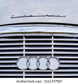 Auto Union lettering and logo of rings on the radiator grille of the classic car, the forefather of today's modern brand Audi in Hildesheim, Germany, May 21, 2022