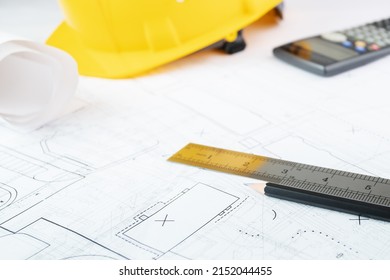 Autocad Drawing, Workplace Architect Builder At The Construction Site