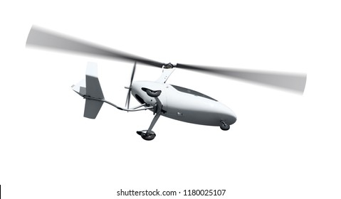 Autogyro in flight with the rotating propellers. Isolated on white background 