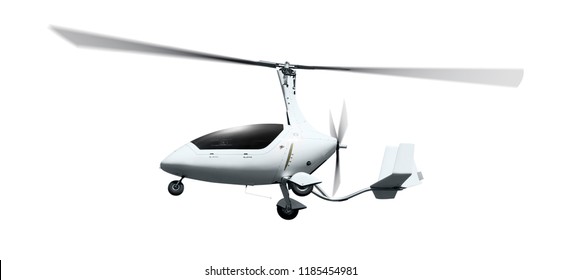 Autogyro in flight with a rotating propellers. Isolated on the white background 