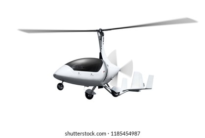 Autogyro in flight with rotating propellers. Isolated ower the white background 
