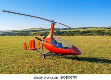 Autogyro Kalidus is parked after a flight at a mountain airfield