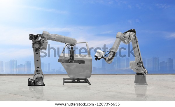 automate\
wireless Robot arm in smart factory background. Mixed media of\
welding robot in the automotive parts\
industry