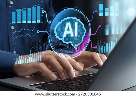 Automated AI data analysis and visualization. Business intelligence platform with augmented predictive insights. Businessperson using laptop computer to generate graphs and charts.