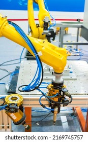 automated arm catch for assembly line. The robot for smart technology manufacturing process.
