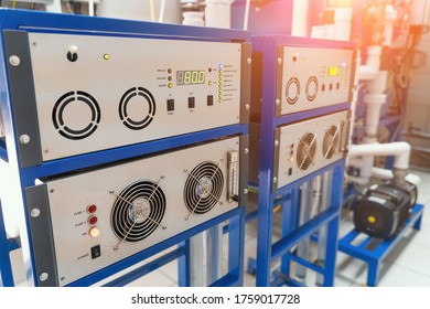 Automated Computerized Ozone Generator Machine In Water Production Factory, Close Up.