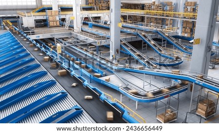 Automated Conveyor Belt Sorting Mechanism in a Logistics Center. Automatic Engineering Solution Handling and Preparing Parcels for Delivery to Clients. Warehouse Shot