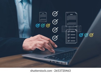 Automated Document Approval and Quality Control Concept Experts will review and manage digital documents on laptop using intelligent systems before final delivery.