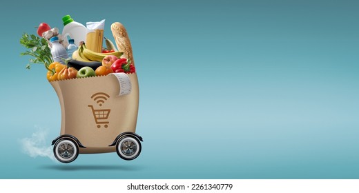 Automated grocery bag on wheels, online grocery shopping and delivery concept