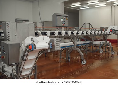 Automated line poultry equipment.Meat processing factory.Industrial production cutting large quantities of meat