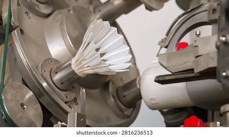 Automated machine binding thread around badminton shuttlecock feathers in factory