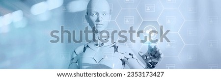 Automated process and data driven analytics concept. Using robot, ai, artificial intelligence for big data analytics and automated process of marketing, human resources, financial management.  