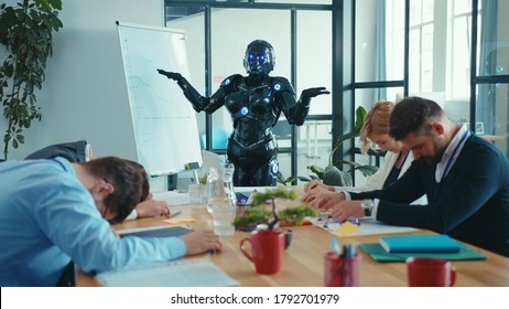 Automated Robot Employee Turns Down Her Exhausted Colleagues On Business Meetoing By Snapping Her Fingers. Funny Scene. Robots Take Over The World.