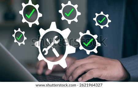 Automated system development, automated system maintenance and updates. Engineers use laptops to optimize and improve systems. Architecture, Automation, Fault, Inspection.