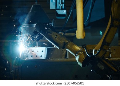 Automated welding robot creating sparks in industrial environment focusing on precision. Strong blue lighting emphasizing technology and machinery at work - Powered by Shutterstock