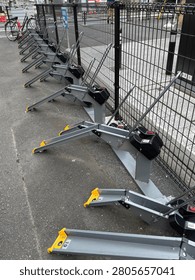 Automatic bicycle parking lock stands in a public parking facility in Japan