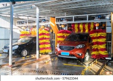 Automatic Car Wash In Action, Car Wash Clean , Brushes