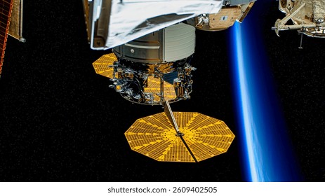 Automatic cnc laser cutting machine working with sheet metal with sparks at factory, plant. A drop of oil is falling into a body of water. Old lily. Elements of this image furnished by NASA