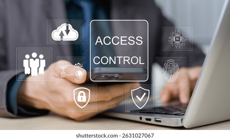 Automatic concept of system access control for safety in accessing personal information Businessmen use smartphones with virtual access control icons. Hacker protection.