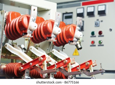 Automatic Electrical Fuseboxes And Power Lines Located Inside Of An Industrial Switch Control Panel Board