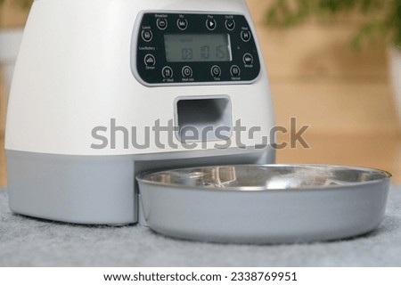 automatic feeder. Automatic pet food dispenser on the floor of the house. A smart pet feeder.