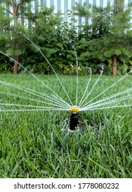 Automatic garden irrigation system watering lawn. Savings of water from sprinkler irrigation system with adjustable head. Automatic equipment for irrigation and maintenance of lawns, gardening.