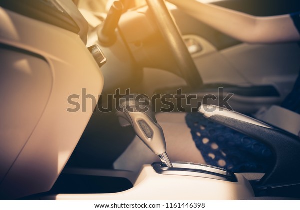 Automatic gear shift system in new modern\
car,Cropped image