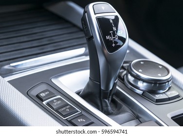 Automatic Gear Stick Of A Modern Car, Car Interior Details