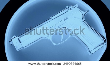 Automatic Handgun In Blue Rays Of Security Scanner. Weapon Detection Illustrative Stock Image 
