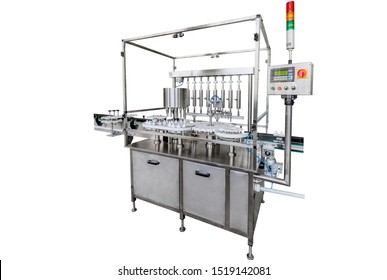 Automatic line for filling and labeling drugs. General view of the machine for filling plastic bottles. Isolated on white background