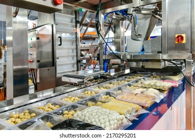 Automatic Meatballs, Pork, Slices Fresh Meat, Food Production Line On Conveyor Belt Equipment Machinery In Factory