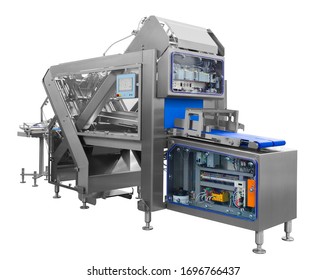 Automatic Packing Machine With Plastic Bag And Paper Box, High Speed Packing Machine For Food Product Industrial, High Technology Manufacturing Process Isolated On White Background