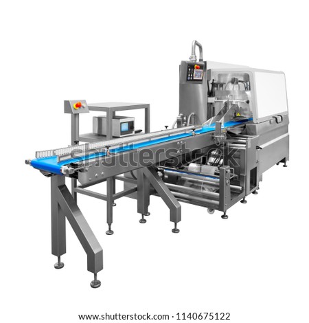 Automatic packing machine with plastic bag and paper box, high speed packing machine for food product industrial, high technology manufacturing process Isolated on white background