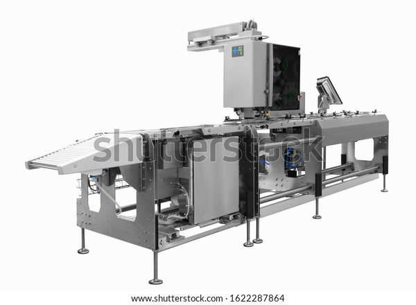 Automatic packing\
machine with plastic bag and paper box, high speed packing machine\
for food product industrial, high technology manufacturing process\
Isolated on white\
background