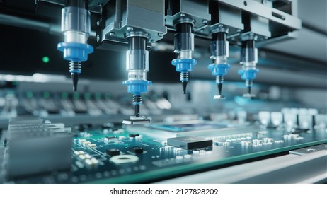 Automatic Pick and Place machine quickly installs Components on Generic Circuit Board. Electronics and Circuit board Manufacturing. Bright Environment - Shutterstock ID 2127828209