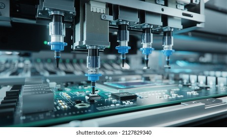 Automatic Pick and Place machine quickly installs Components on Generic Circuit Board. Electronics and Circuit board Manufacturing. Bright Environment - Shutterstock ID 2127829340
